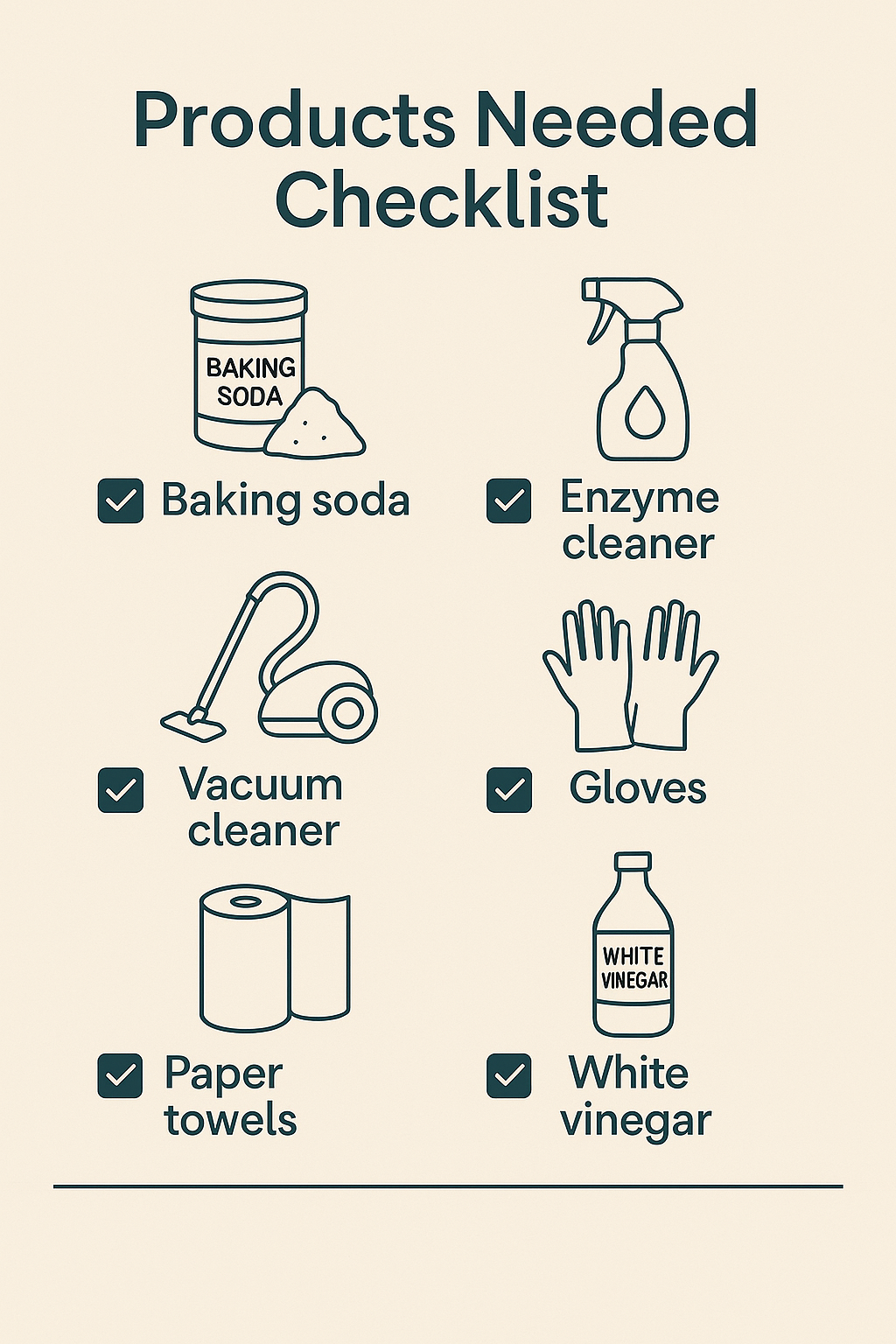Cleaning products needed to remove urine from a mattress: baking soda, enzyme cleaner, vacuum, gloves, paper towels, and white vinegar.