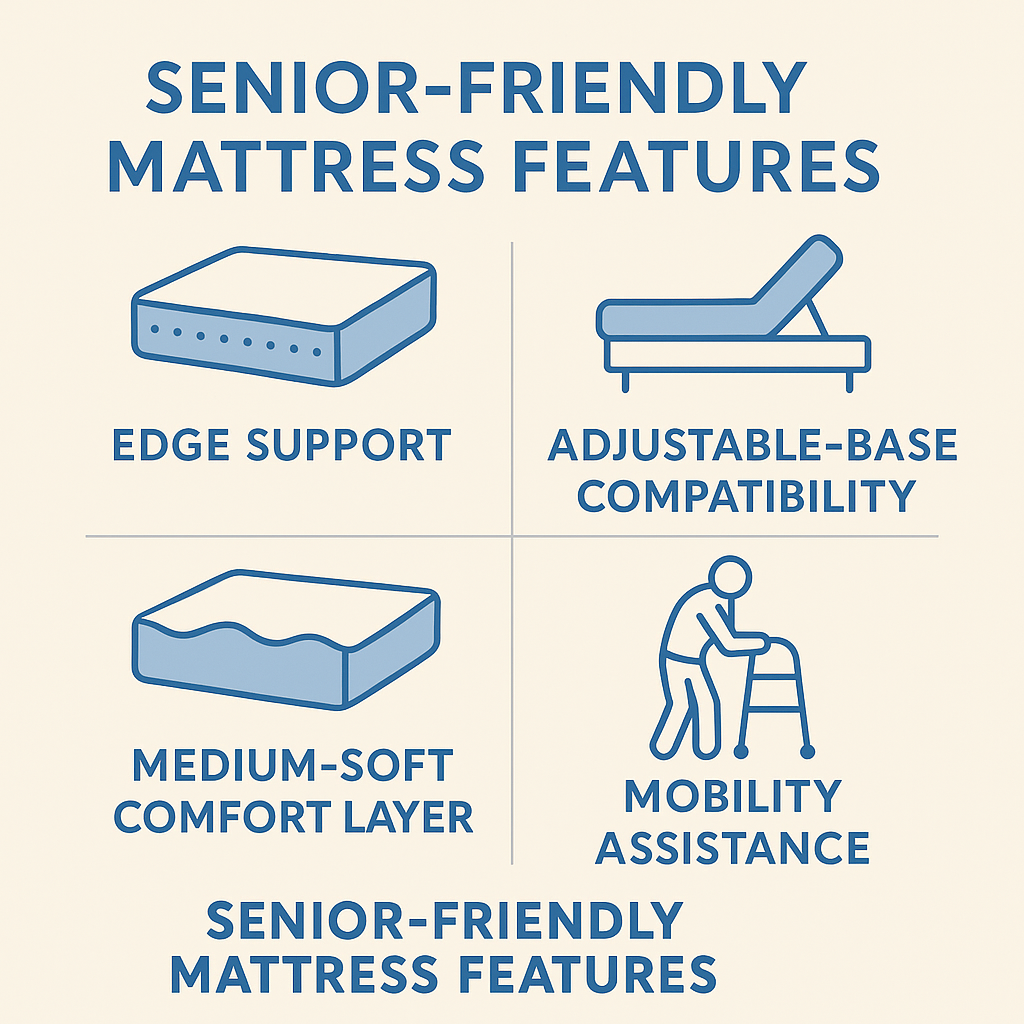 Infographic with senior-friendly mattress features including edge support, adjustable-base compatibility, soft comfort layers, and mobility assistance.