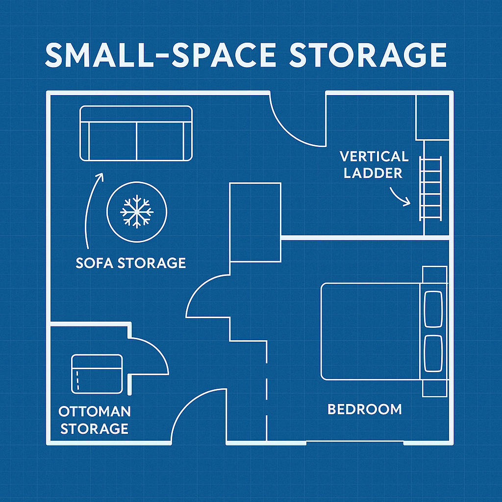 small space storage blueprint showing sofa ottoman and ladder blanket storage layout