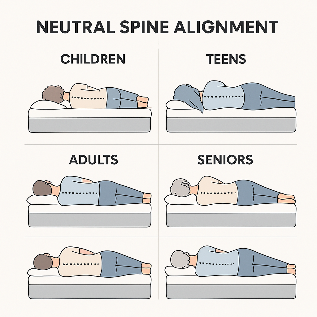 Illustration showing correct neutral spine alignment for children, teens, adults, and seniors on mattresses.