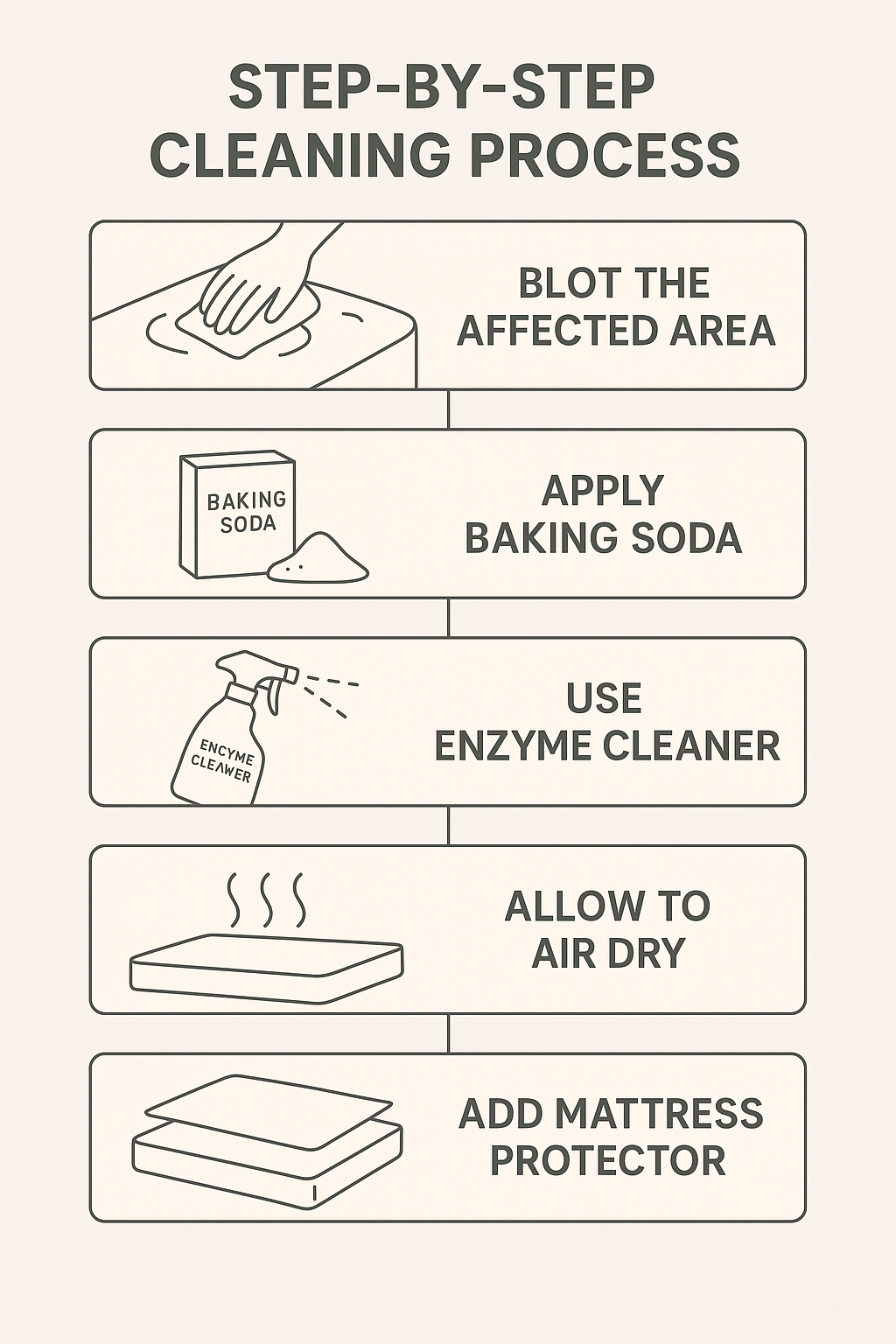 Illustrated step-by-step guide for removing urine from a mattress: blot the wet area, sprinkle baking soda, apply enzyme cleaner, air dry, and add a mattress protector.