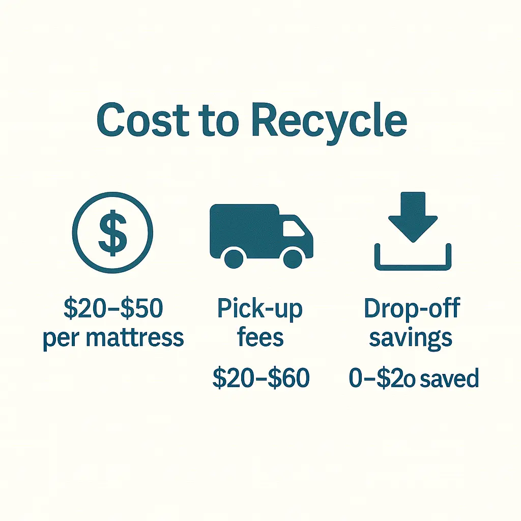Cost-to-recycle infographic showing recycling costs, pickup fees, and money saved with drop-off options.