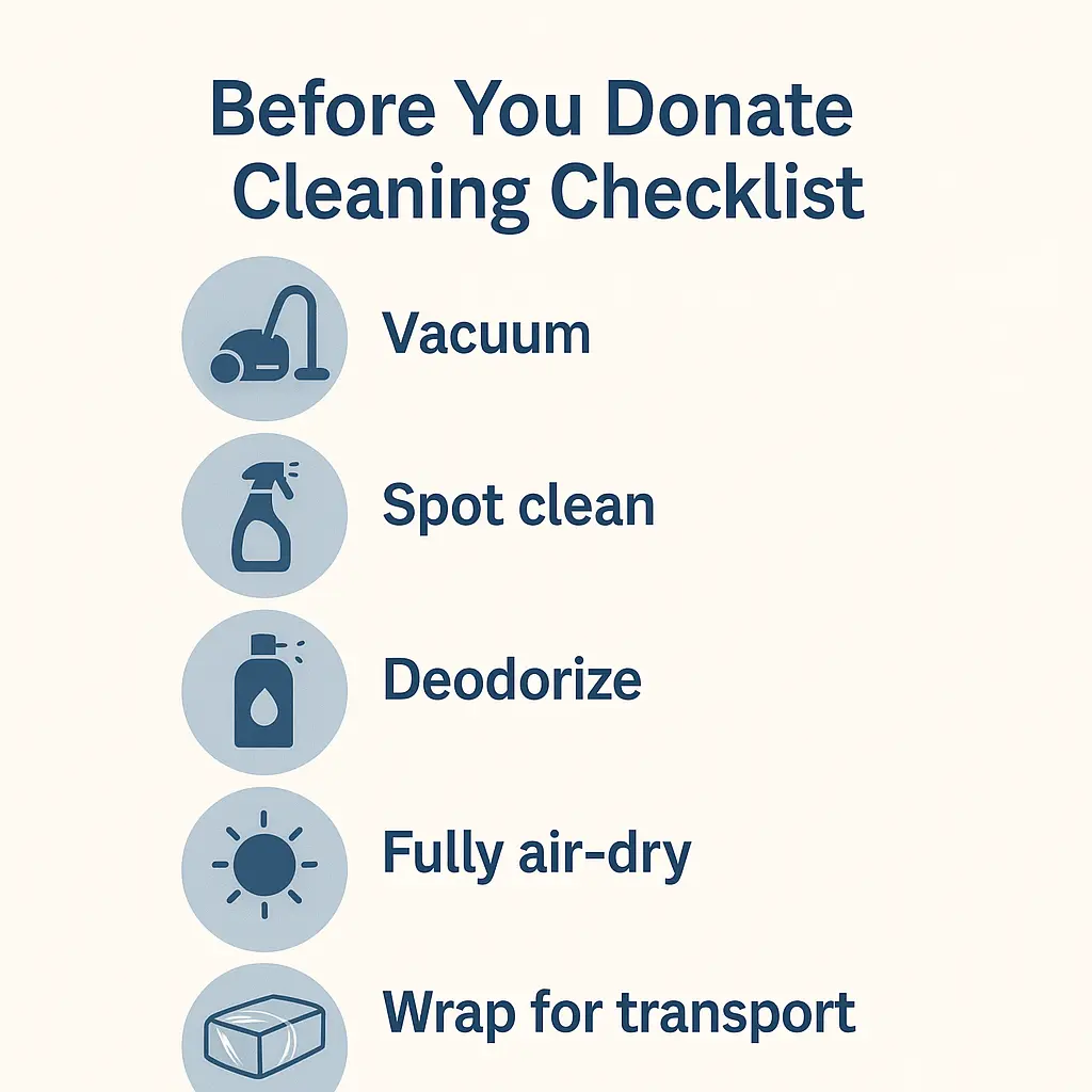 Checklist showing mattress donation readiness: meets condition, wrapped, pickup scheduled, receipt requested, IRS form ready.