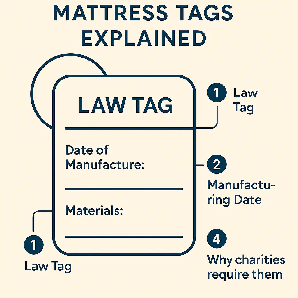 Diagram explaining mattress law tags with manufacturing date, materials, and why charities require them.