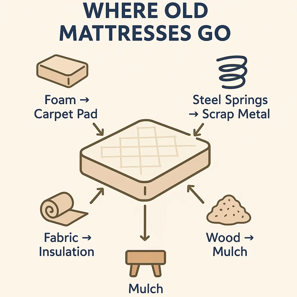 Infographic showing mattress recycling paths for foam, springs, fabric, and wood into carpet pads, scrap metal, insulation, and mulch.