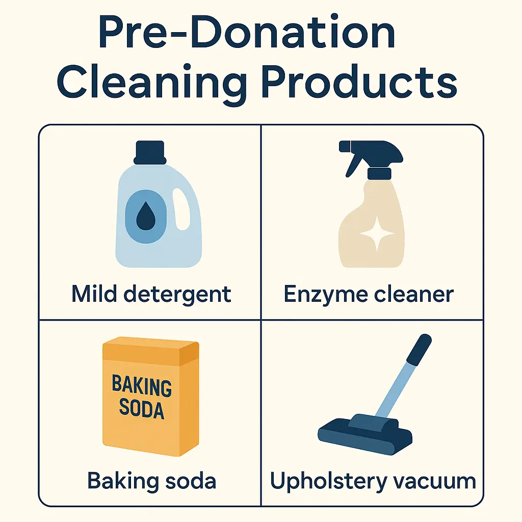 Grid showing mild detergent, enzyme cleaner, baking soda, and upholstery vacuum as recommended mattress cleaning products.