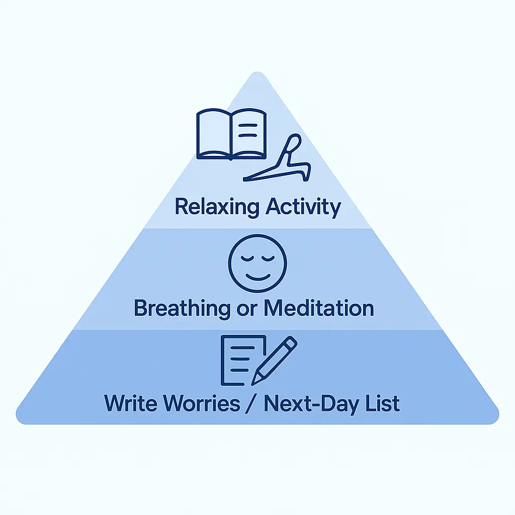stress reduction pyramid infographic with journaling breathing exercises and mindfulness for better sleep MyRadiantSleep