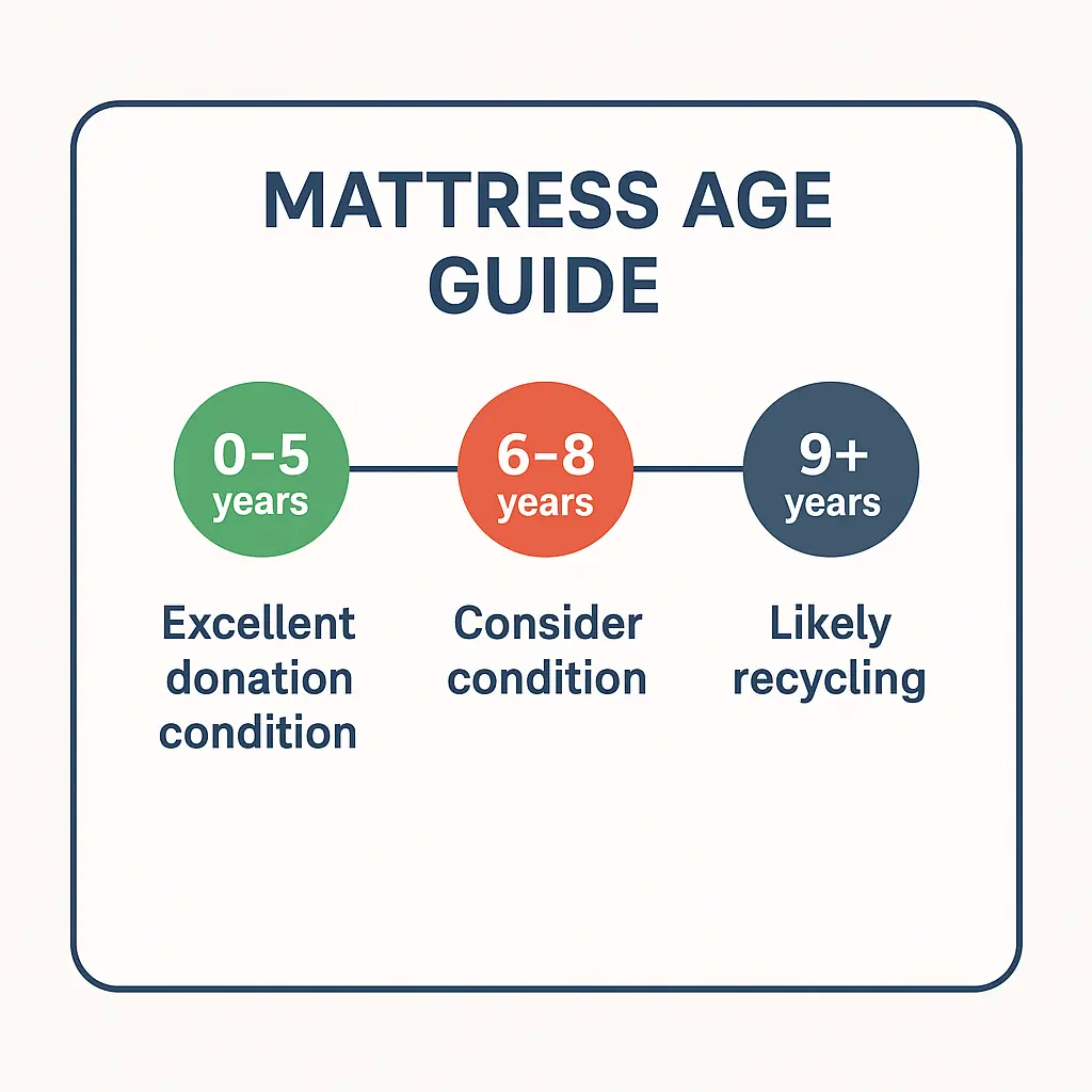 Mattress age guide chart displaying donation suitability for ages 0–5 years, 6–8 years, and 9+ years.