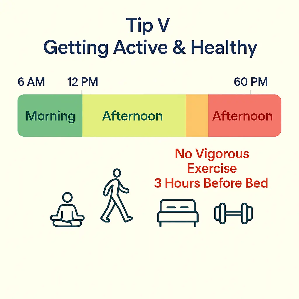 exercise timing infographic showing morning and afternoon activity for improved sleep quality MyRadiantSleep