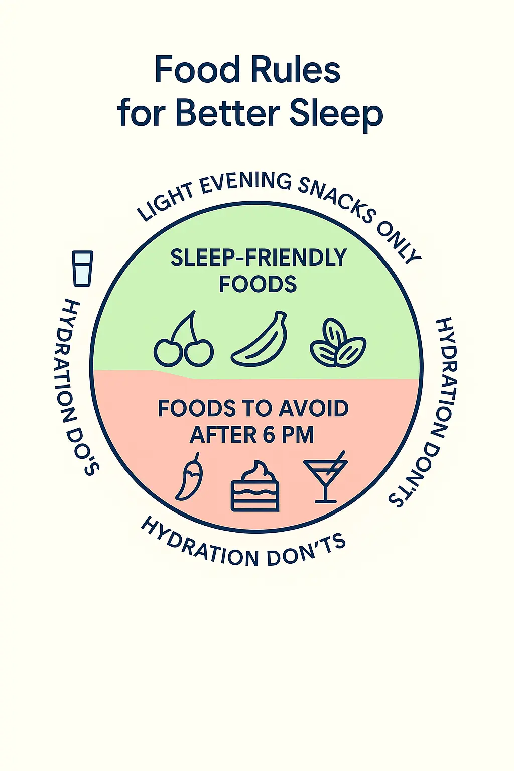 sleep diet infographic featuring melatonin rich foods and evening foods to avoid for better rest MyRadiantSleep