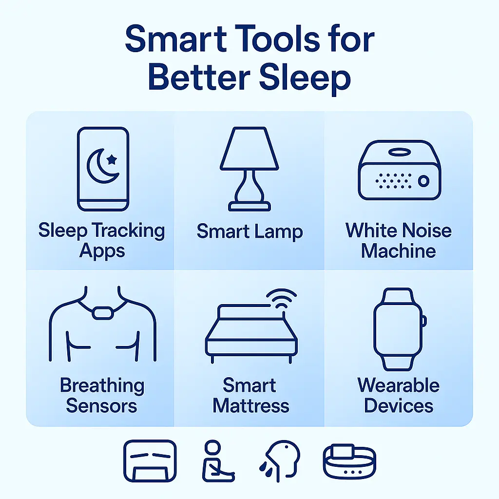 sleep technology infographic with smart trackers white noise devices and sleep improving gadgets MyRadiantSleep