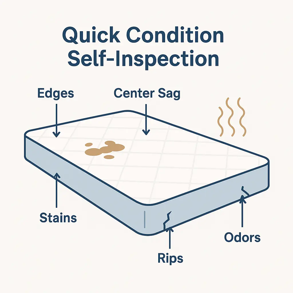 Mattress inspection diagram showing labels for edges, center sag, stains, rips, and odors.