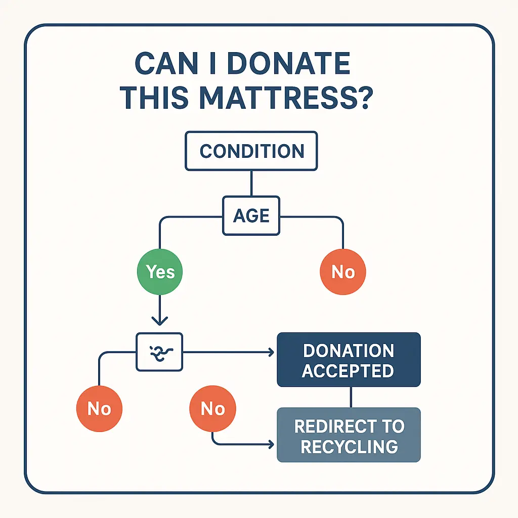Flowchart showing donation steps based on mattress condition, age, and local rules, leading to donation acceptance or recycling.