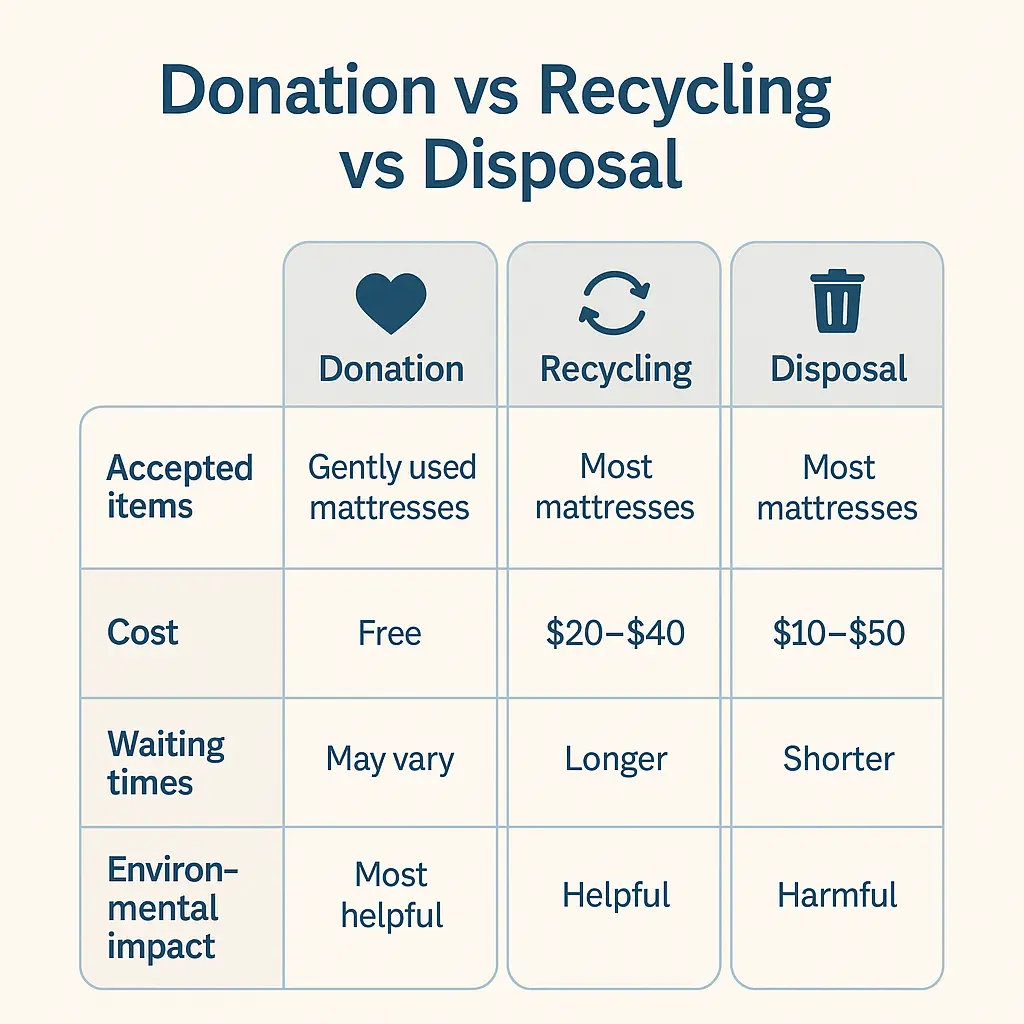 Comparison chart showing accepted items, cost, waiting times, and environmental impact for donation, recycling, and disposal.