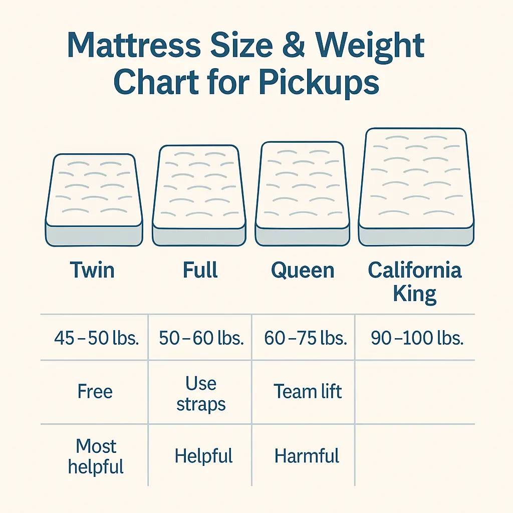 Chart showing mattress sizes—twin, full, queen, California king—with typical weights and transport tips.