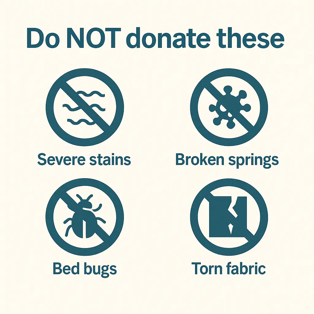 Graphic showing items that make a mattress ineligible for donation: severe stains, broken springs, bed bugs, torn fabric.
