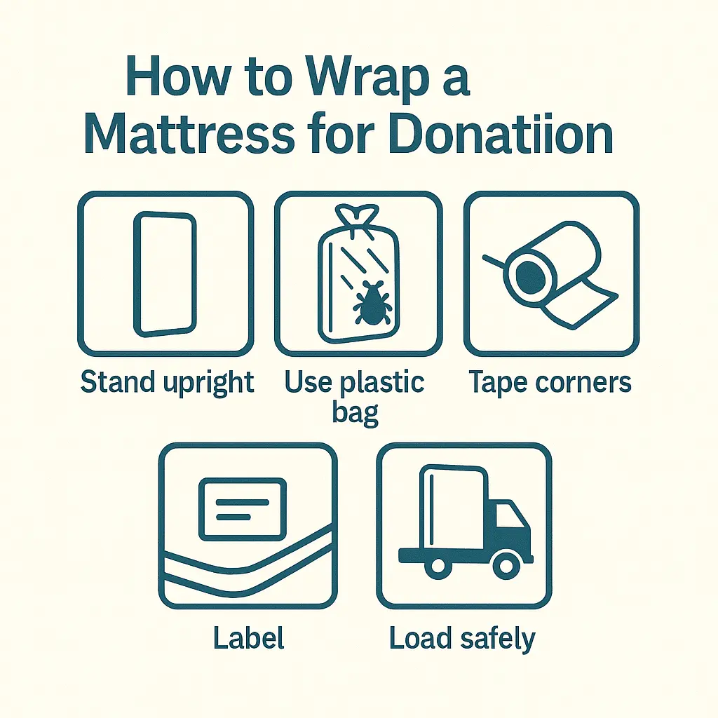 Infographic showing how to wrap a mattress for donation with steps: stand upright, use plastic bag, tape corners, label, load safely.