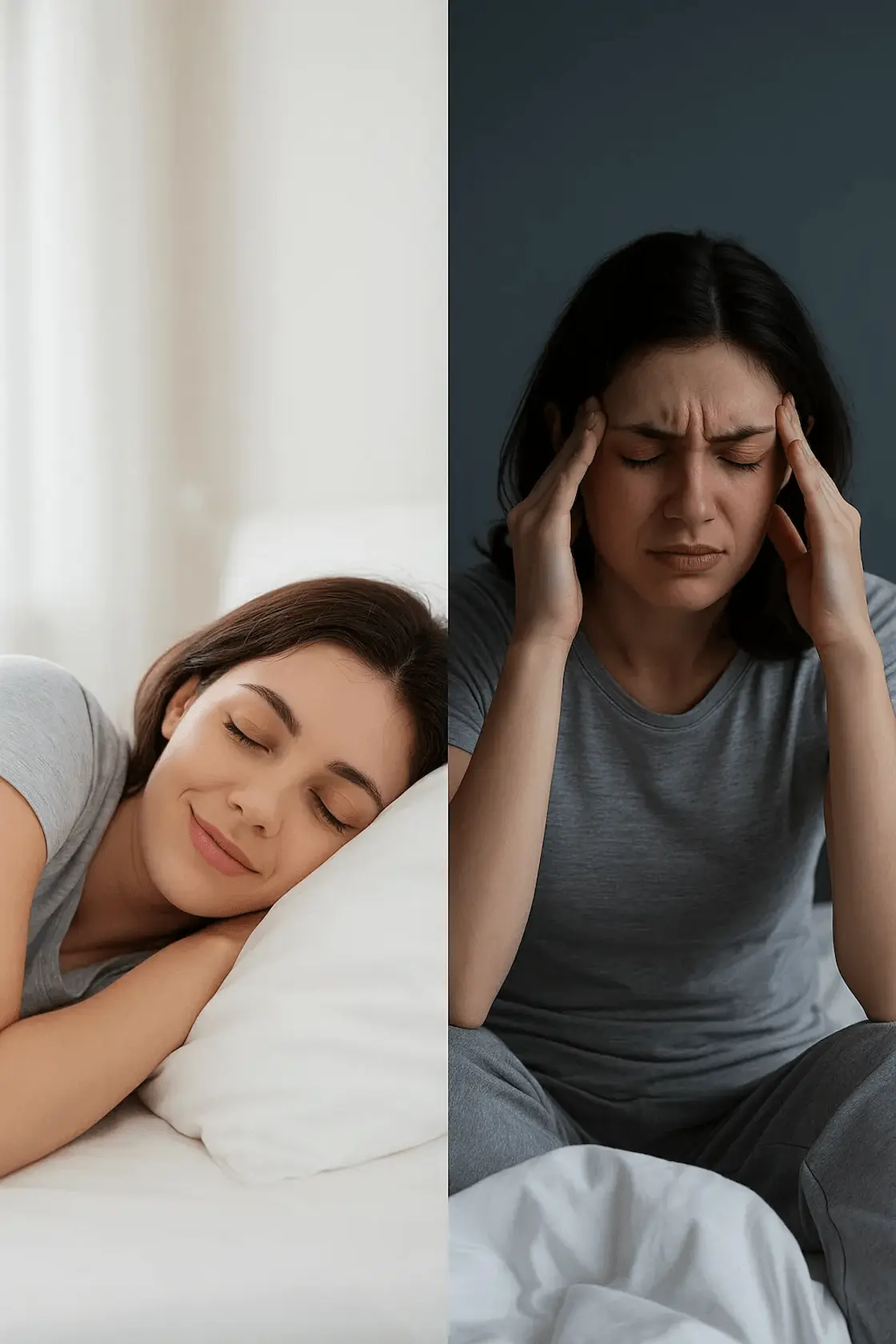Woman sleeping peacefully then waking with headache.