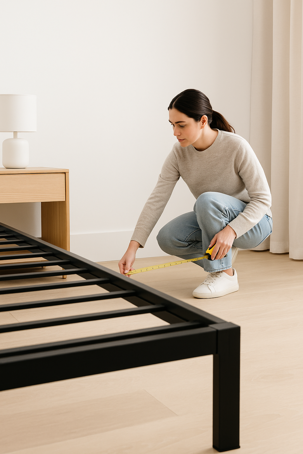 Woman measuring under black metal bed frame. 