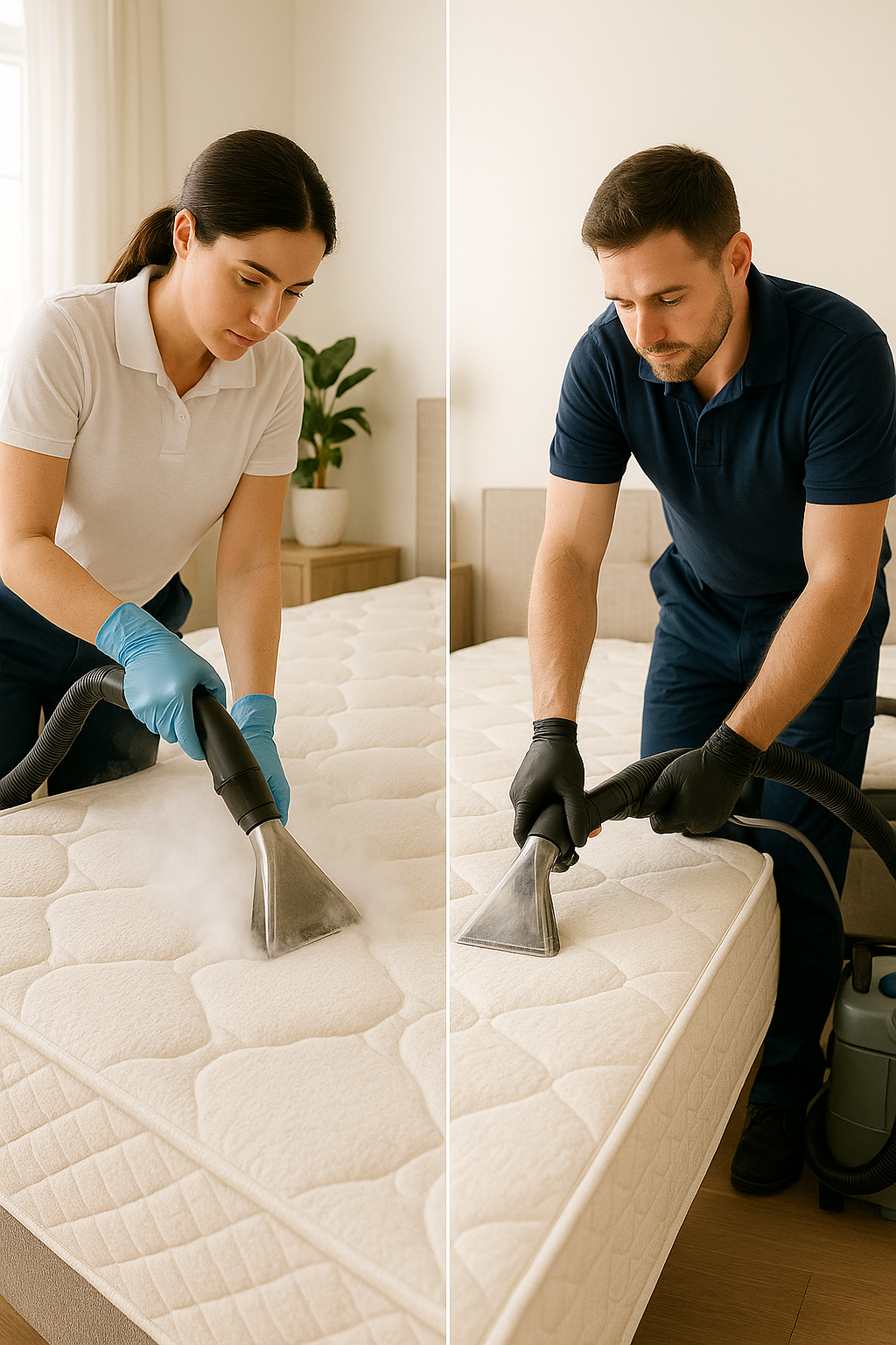 Steam and vacuum cleaning mattress side-by-side. 
