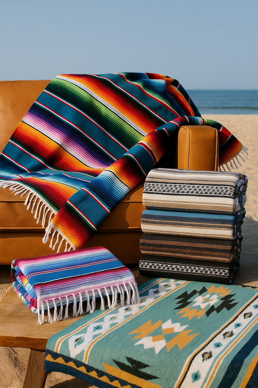 Stack of colorful Mexican blankets.