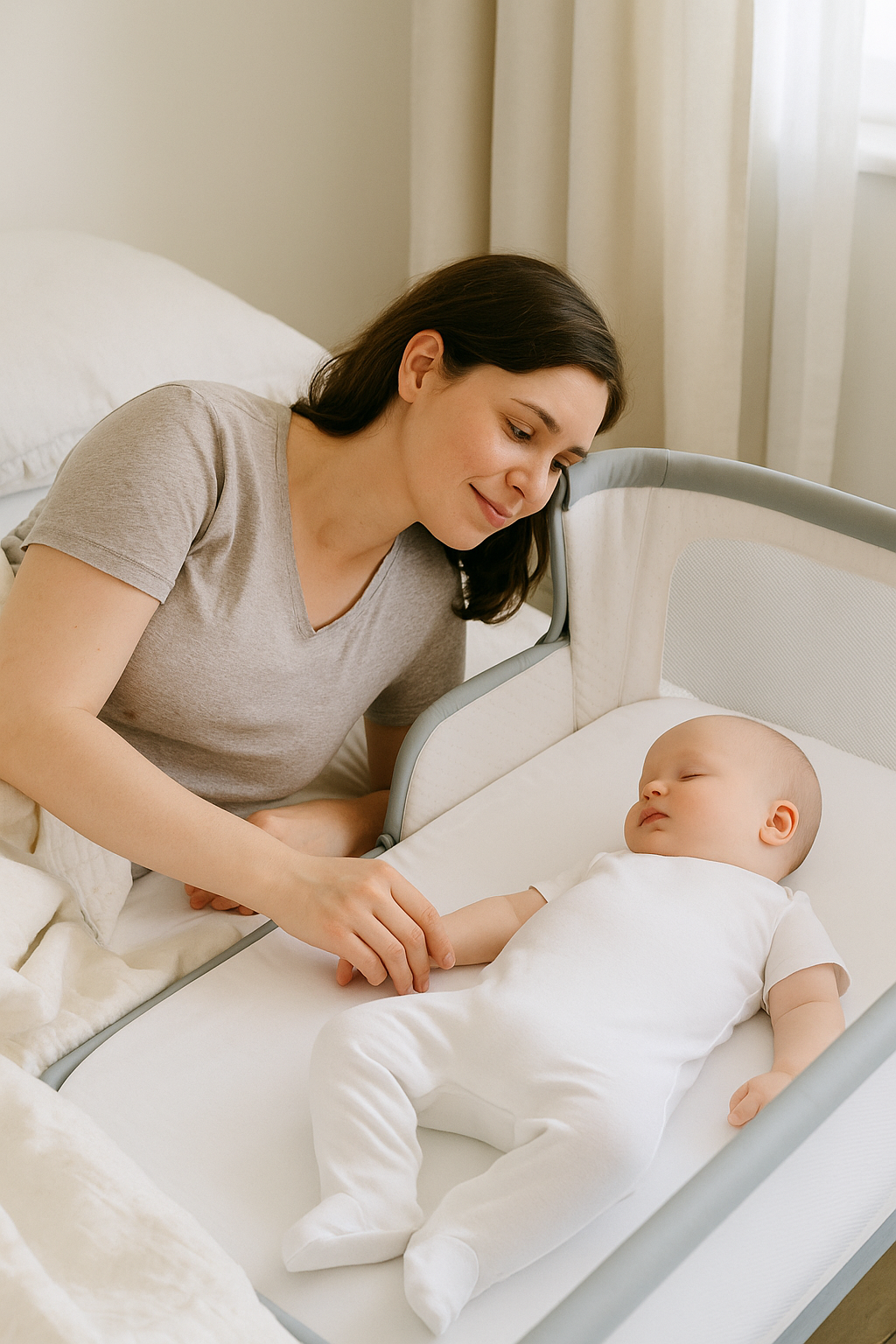 Mother watching baby in bedside crib.