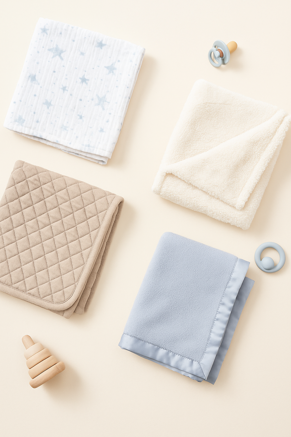 A curated set of baby blankets for every season—lightweight muslin, quilted cotton, plush sherpa, and satin-trim styles—perfect for comfort and gifting.