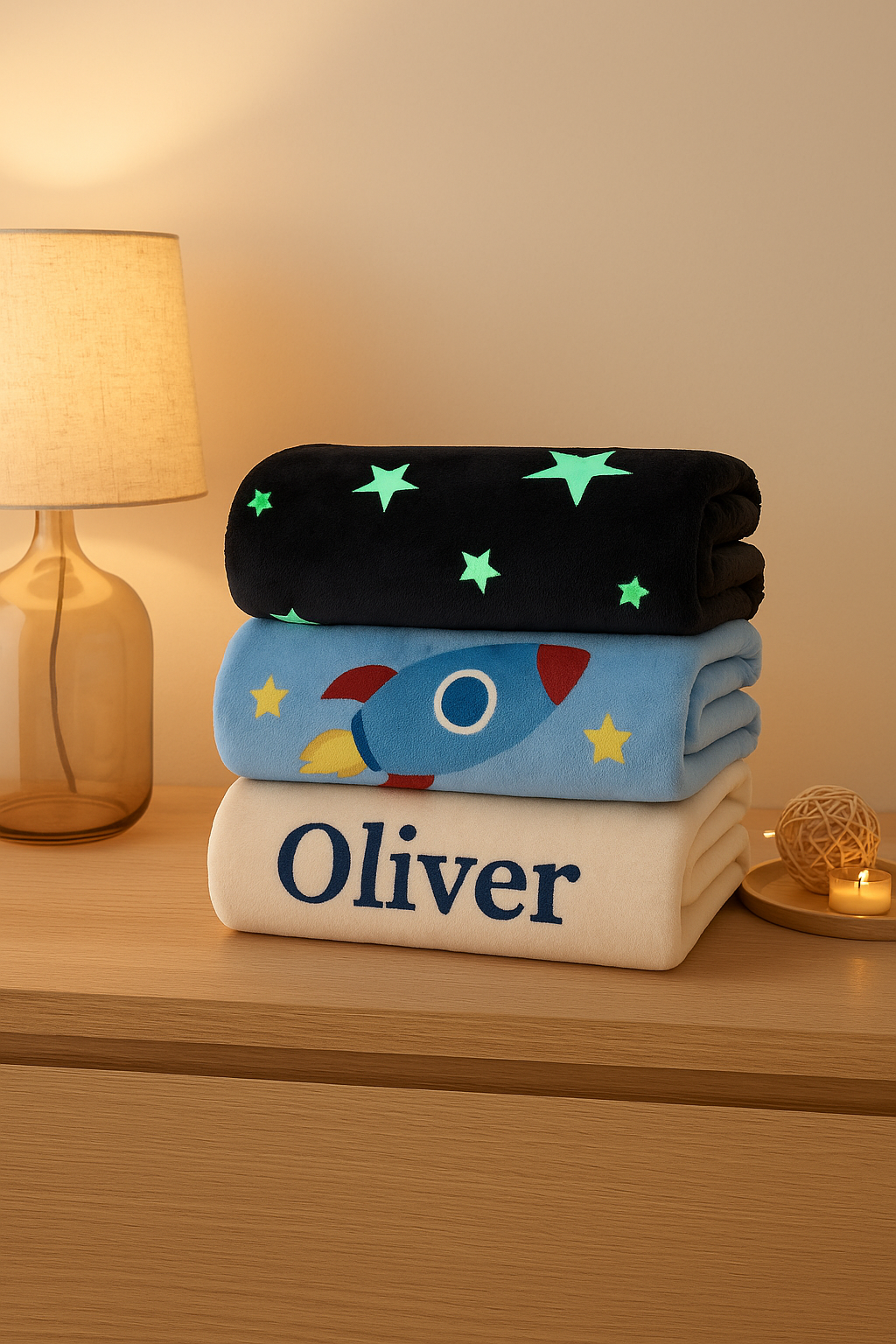 Colorful folded kids blankets deside lamp glowing warmly
