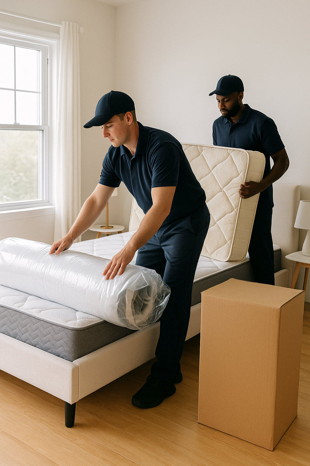 Delivery team installing new bedroom mattress.
