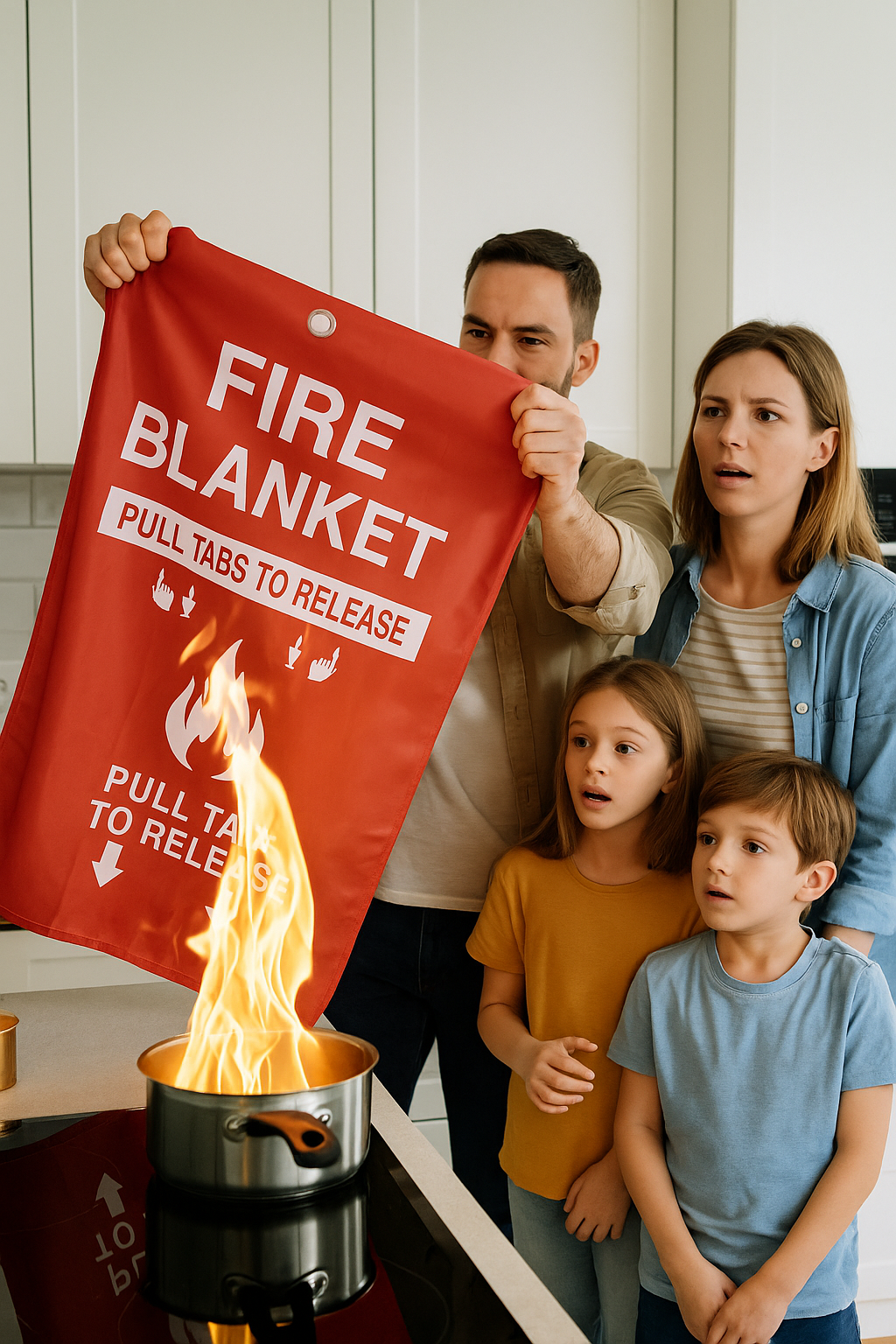 Family using red fire blanket to extinguish small pot fire in modern kitchen
