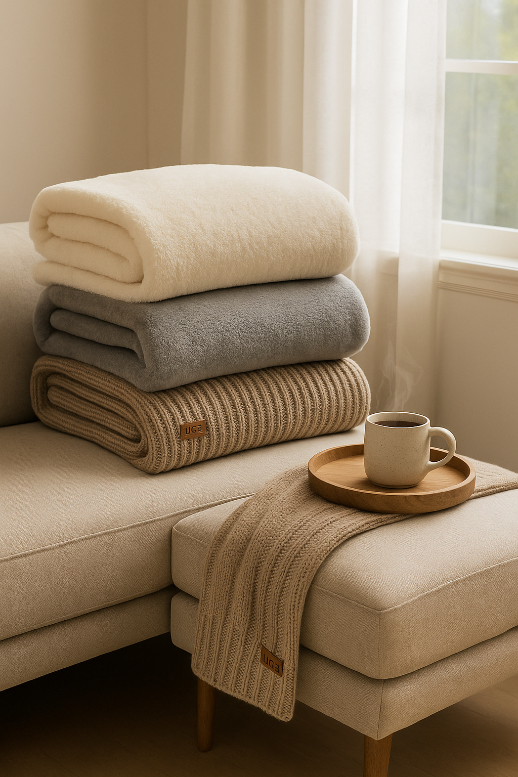 UGG blankets layered on a cozy sofa showing faux fur, fleece, and knit textures for ultimate home comfort (Credit: MyRadiantSleep.com)