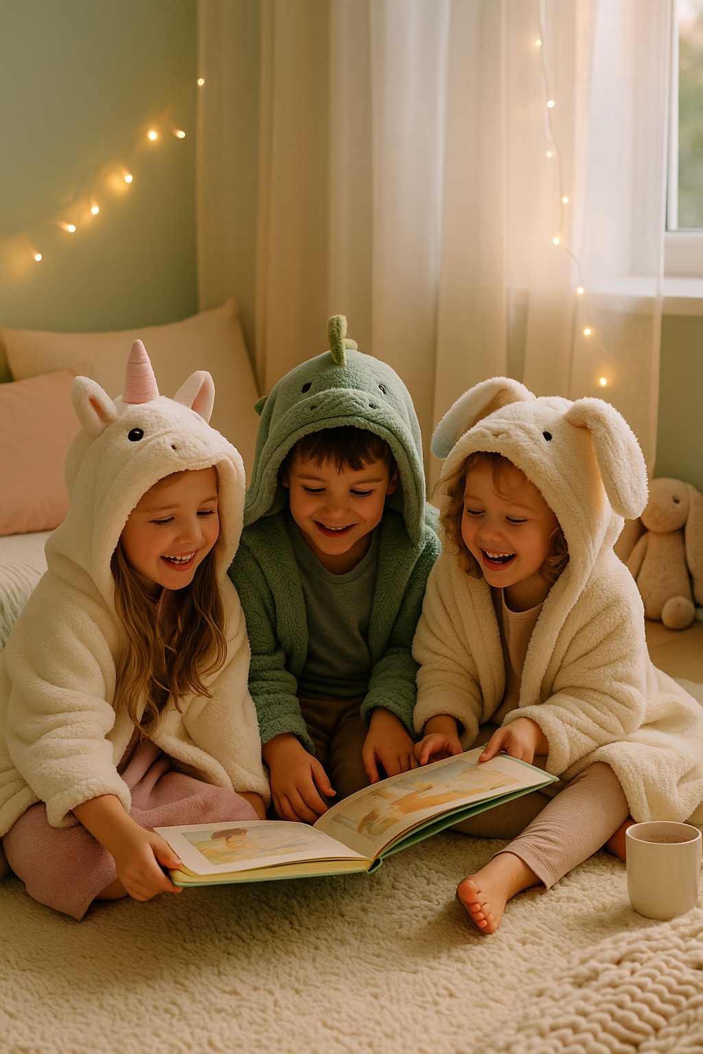 Kids wearing cozy animal hooded blankets