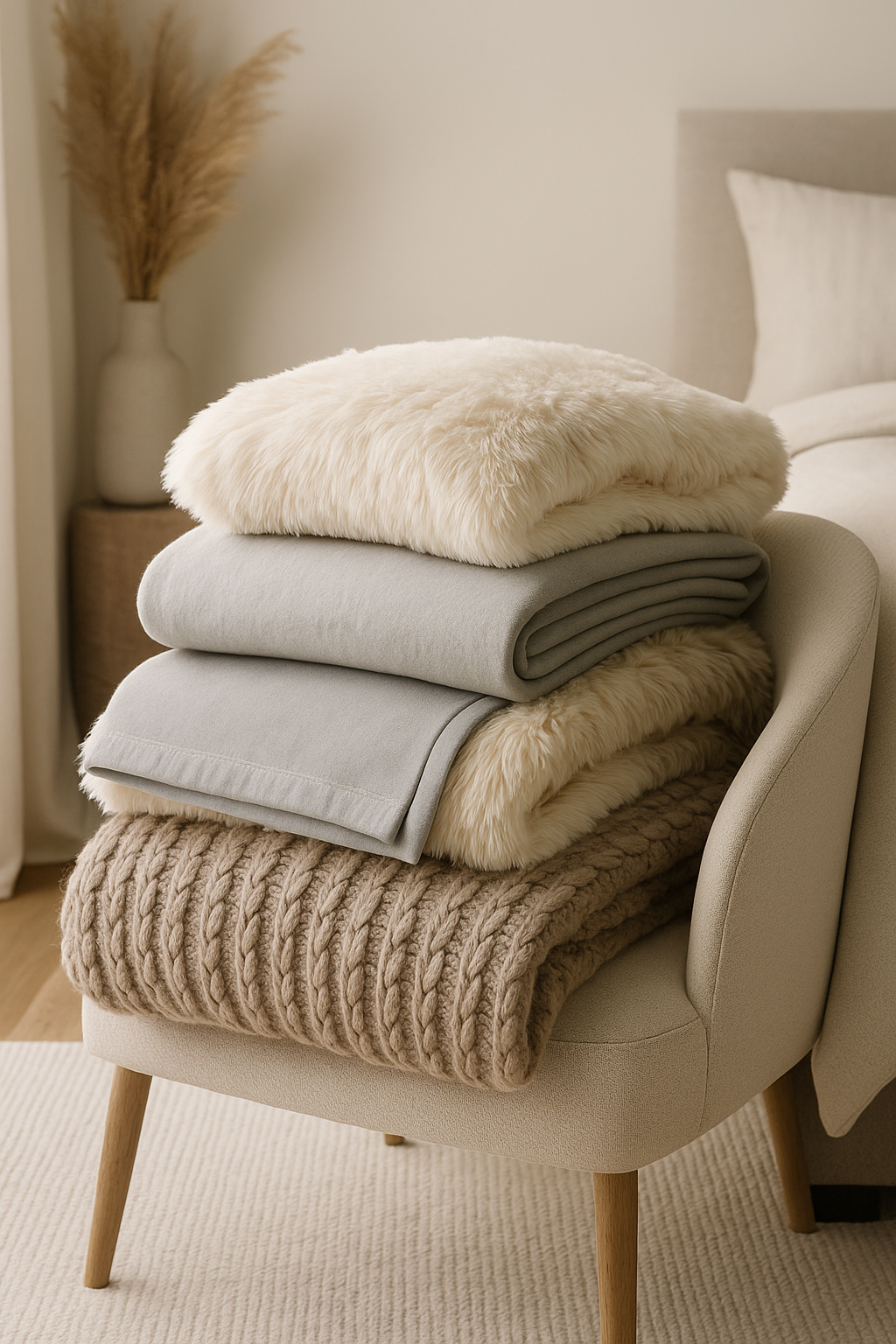 Stack of three luxury blankets—faux fur, bamboo, and cashmere—folded neatly on a beige accent chair in a refined, softly lit bedroom.