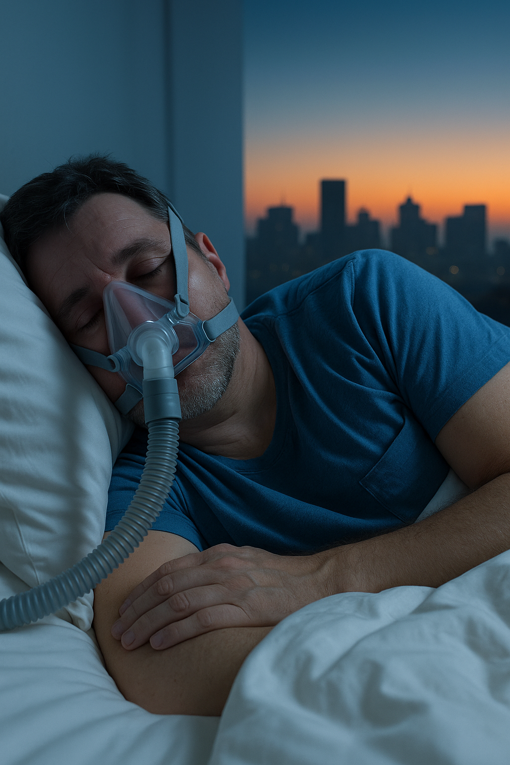 Middle-aged man peacefully sleeping on his side with a CPAP mask as dawn light enters, symbolizing recovery from untreated sleep apnea.