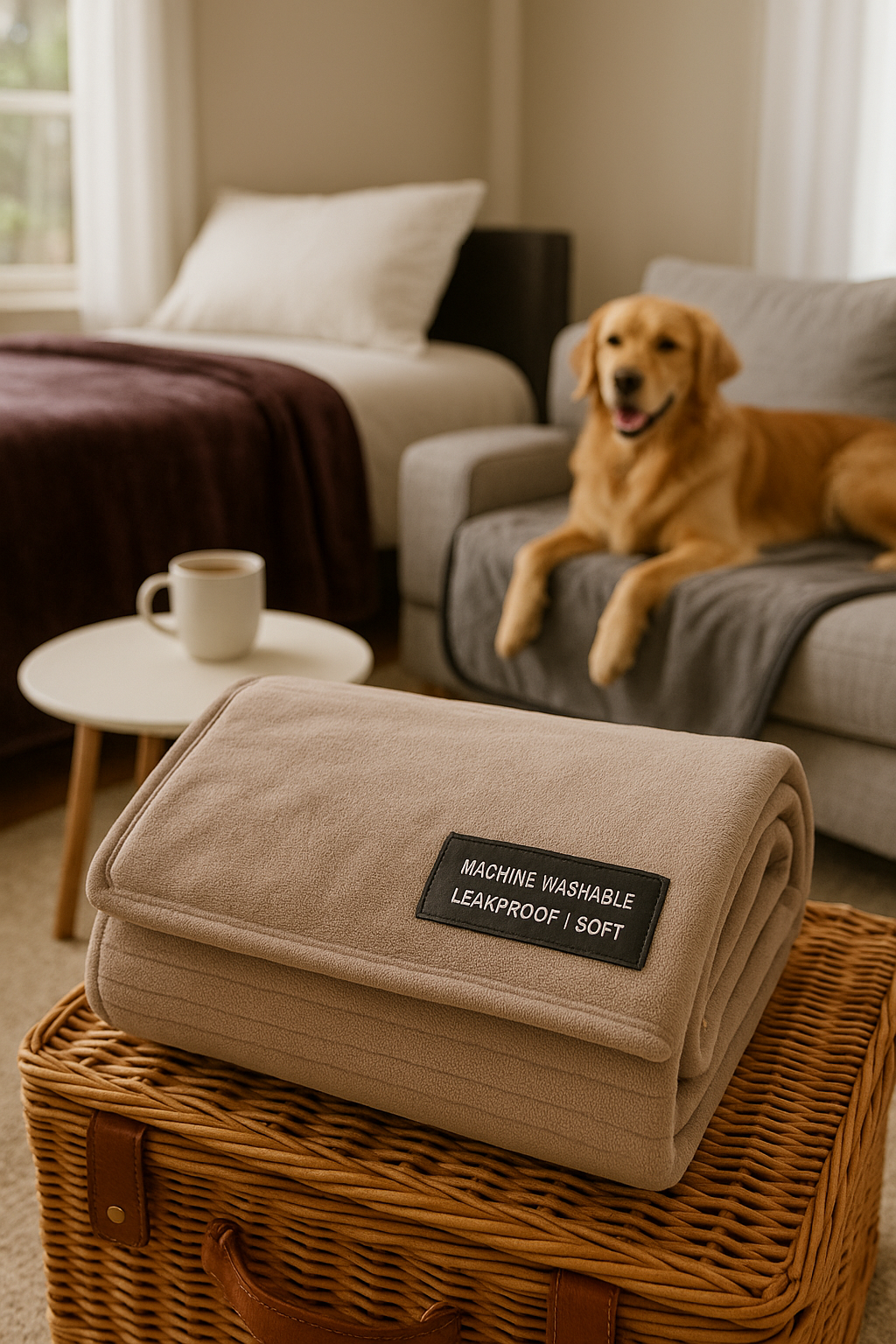 Cozy bedroom and living space showing waterproof blankets for bed, sofa, and pets.