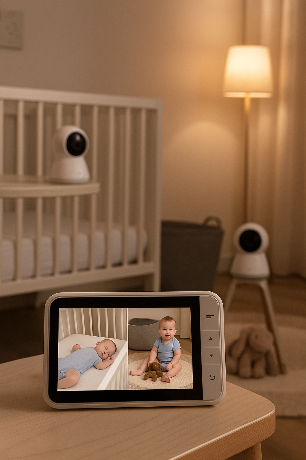 two camera baby monitor showing crib and play area in nursery (C: MyRadiantSleep.com)