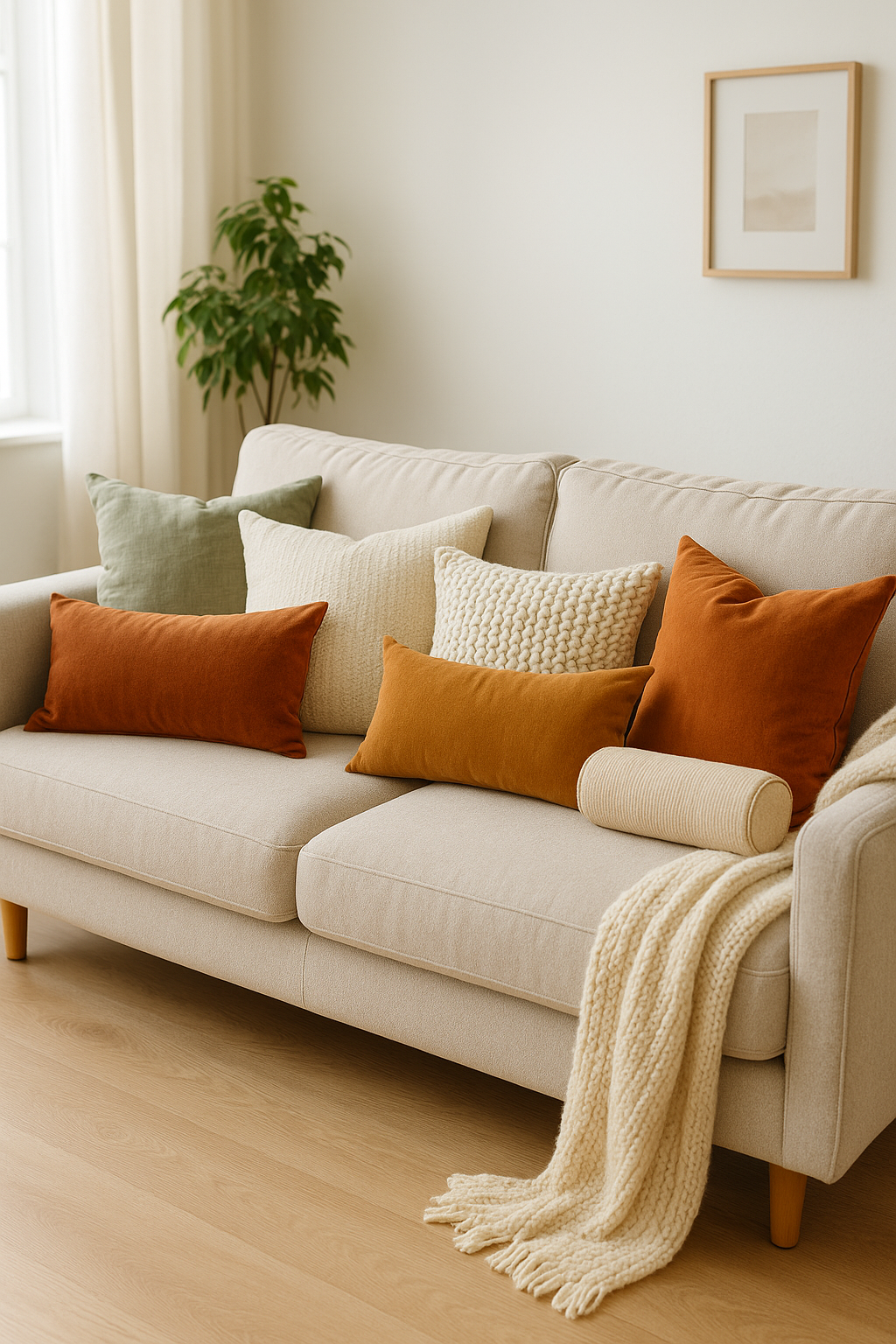 cozy beige sofa styled with layered throw pillows in rust green and cream tones for a warm modern living room look (C: MyRadiantSleep.com)