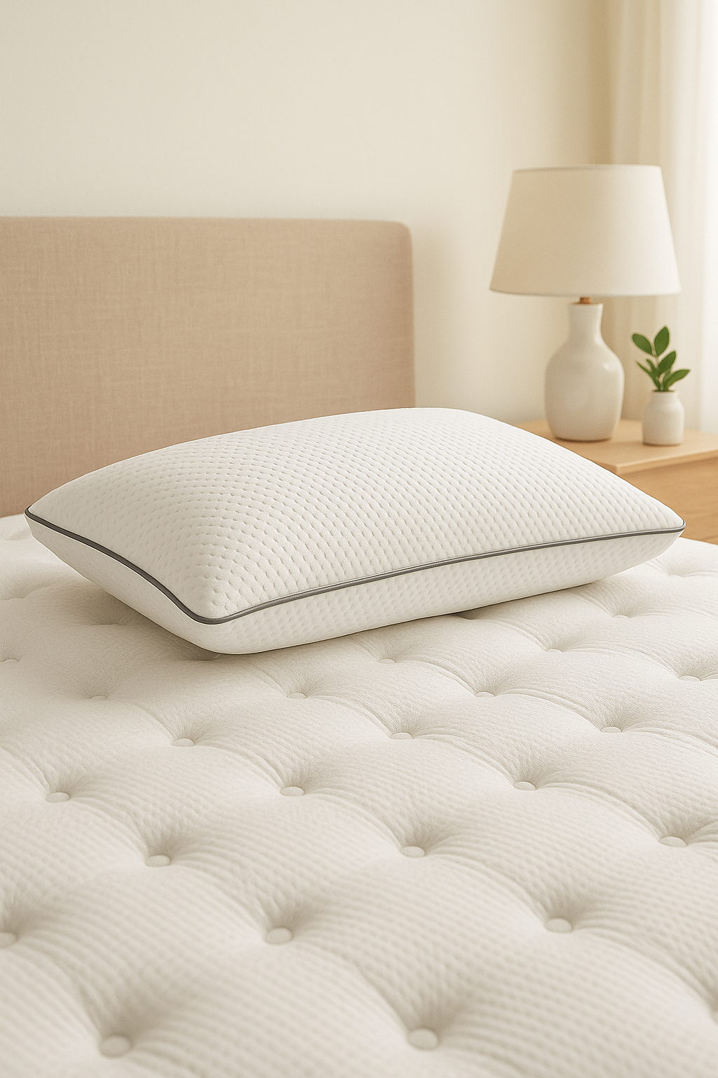 Moisture-wicking luxury pillow on tufted mattress with minimalist bedroom décor for neck and back comfort.