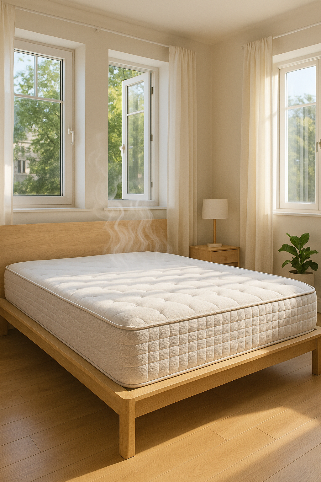 mattress airing out in a bright bedroom with open windows for off gassing (C: MyRadiantSleep.com)