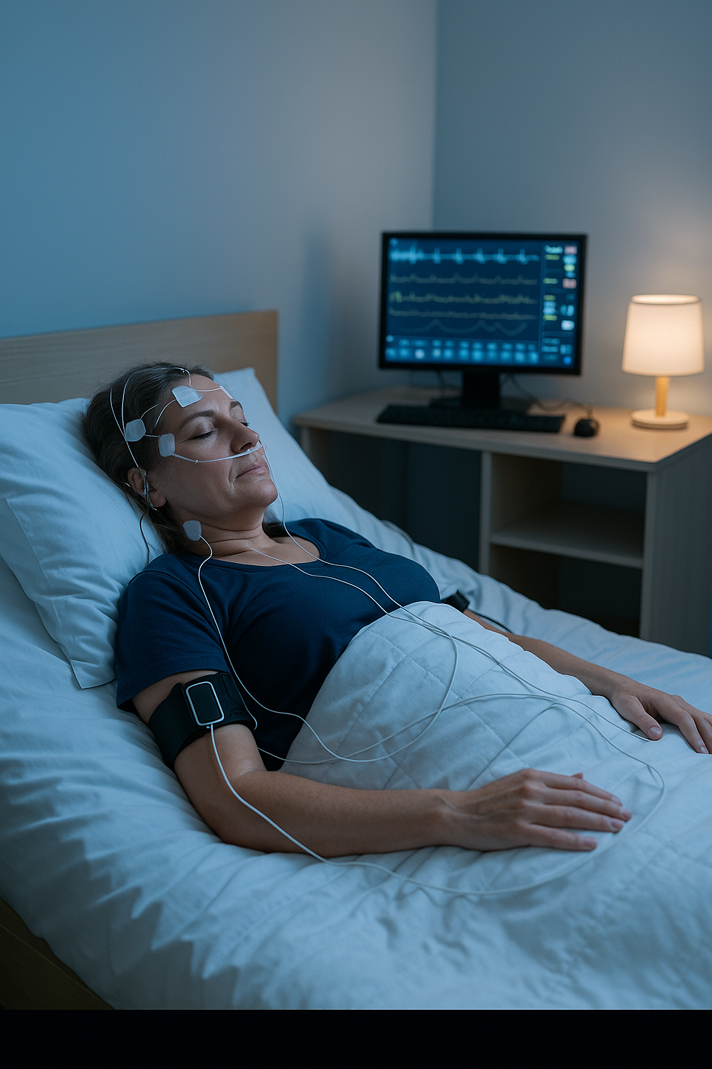 myradiantsleep sleep study patient resting in a calm clinic room with monitoring equipment and soft blue lighting (C: MyRadiantSleep.com)