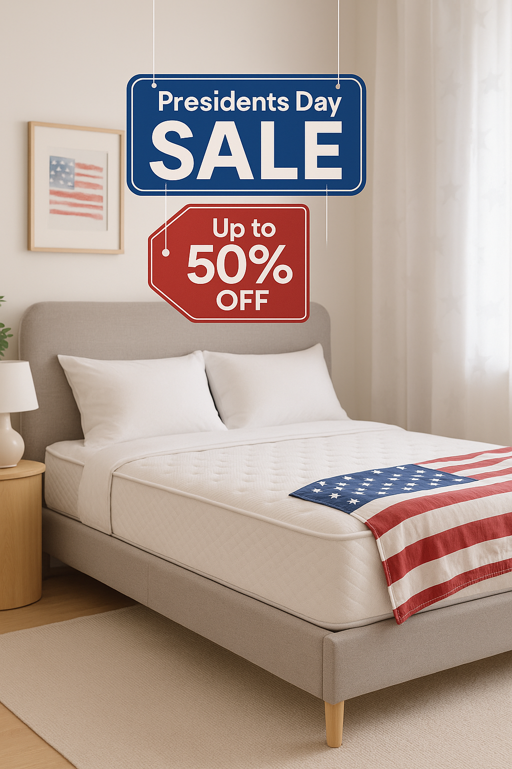 myradiantsleep presidents day mattress sale bedroom scene with red white and blue decor and sale tags (C: MyRadiantSleep.com)