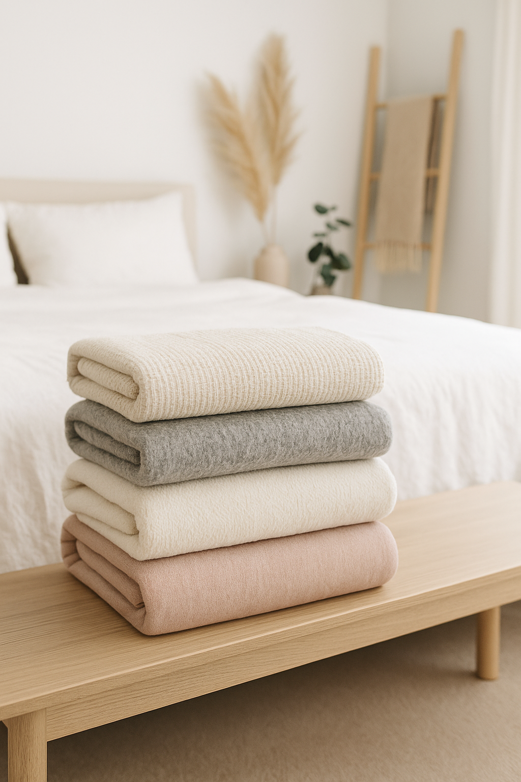 stack of cotton wool fleece bamboo blankets on wooden bench