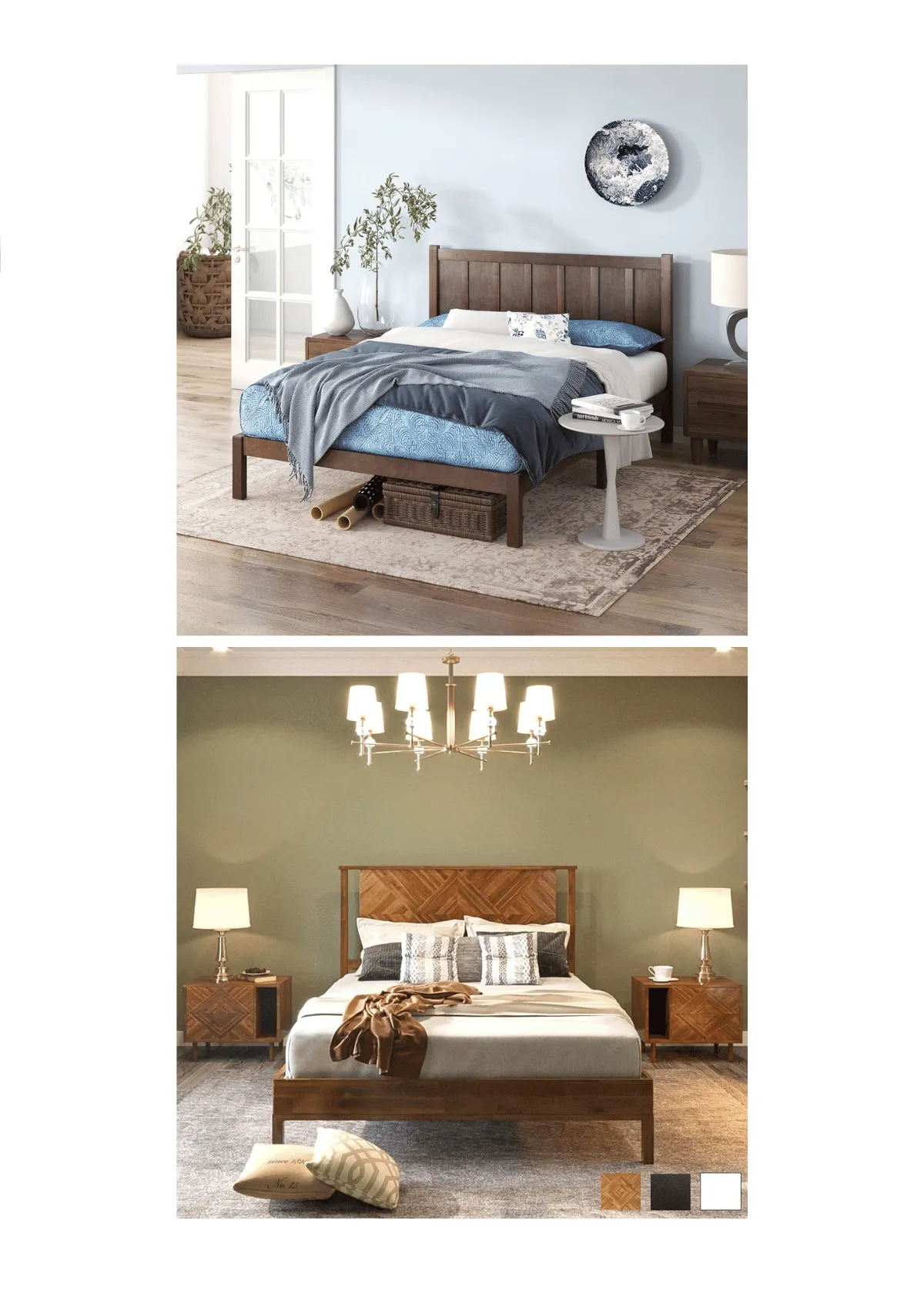 Create a warm, inviting space with rustic or pallet frames. (Credit: Zinus; Bme)