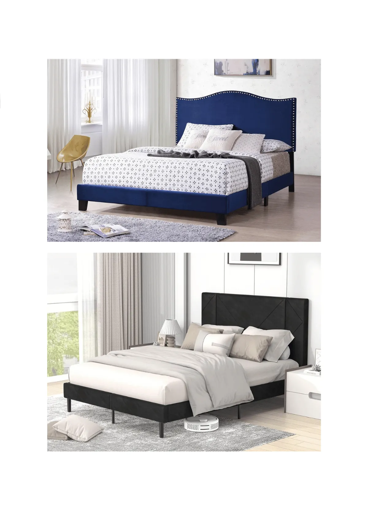 Stylish bed frames complement your bedroom’s aesthetic. (Credit: Kings Brand Furniture; Flolinda)